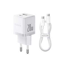 Baseus - Fali töltő Palm (P10111608213-01) - 2 az 1-ben gyorstöltő, USB, USB-C, Type-C kábel, 20W, 5V/3.0A, 1m - Holdfehér