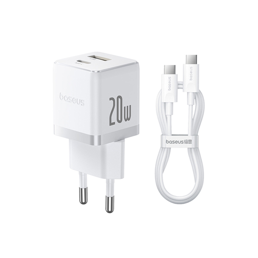Baseus - Fali töltő Palm (P10111608213-01) - 2 az 1-ben gyorstöltő, USB, USB-C, Type-C kábel, 20W, 5V/3.0A, 1m - Holdfehér