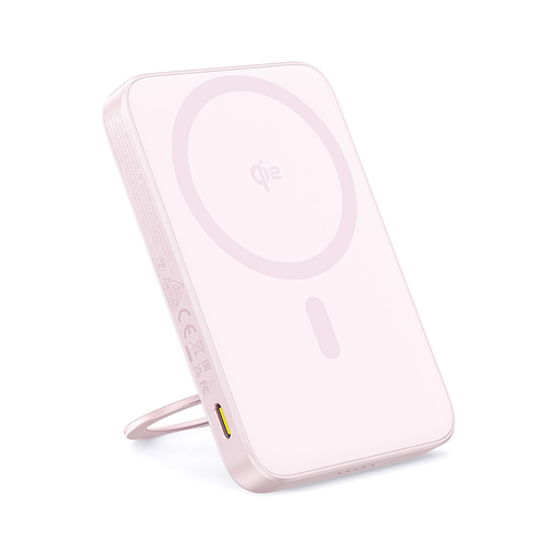 Baseus - PicoGo Magsafe Power Bank (P10076800413-00) - Type-C, Qi2, Gyors Töltés, 20W, 5000mAh, Forgatható Állvány, Type-C Kábel - Rózsaszín