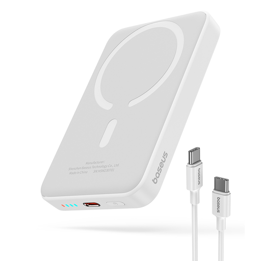 Baseus - Mini Air Power Bank (P10059001223-00) - Type-C, MagSafe töltés, 20W, 10000mAh, Type-C kábellel, 30cm - Fehér