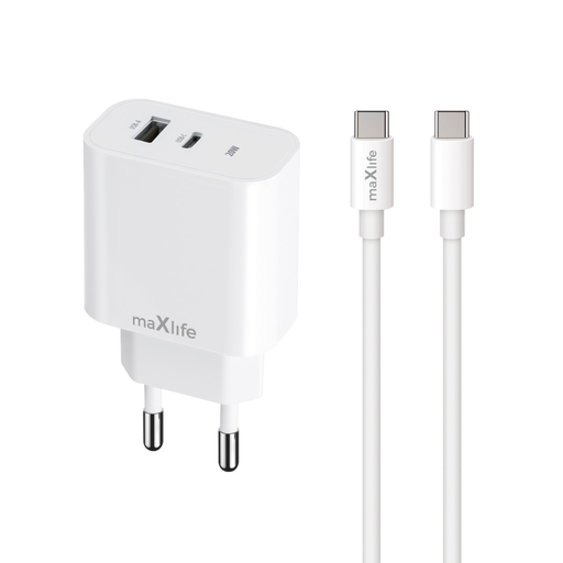 Maxlife MXTC-06-20AC PD QC töltő 1x USB-C 1x USB 20W fehér + USB-C - USB-C kábel 20W