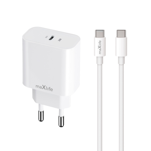 Maxlife MXTC-06-20C PD QC töltő 1x USB-C 20W fehér + USB-C - USB-C kábel 20W