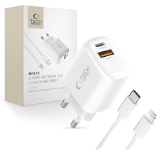 Tech-protect Nca20 2-port Hálózati Töltő Pd 20w / Qc3.0 + Lightning Kábel Fehér