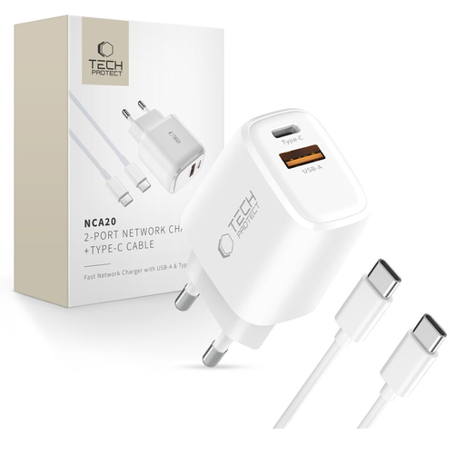 Tech-protect Nca20 2-port Hálózati töltő Pd 20w / Qc3.0 + Type-c Kábel Fehér