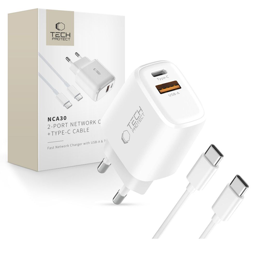Tech-protect Nca30 2-port Hálózati Töltő Pd 30w / Qc3.0 + Type-c Kábel Fehér
