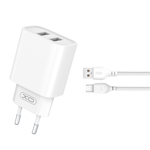 XO hálózati töltő CE02C 2x USB 2,1A fehér + microUSB kábel