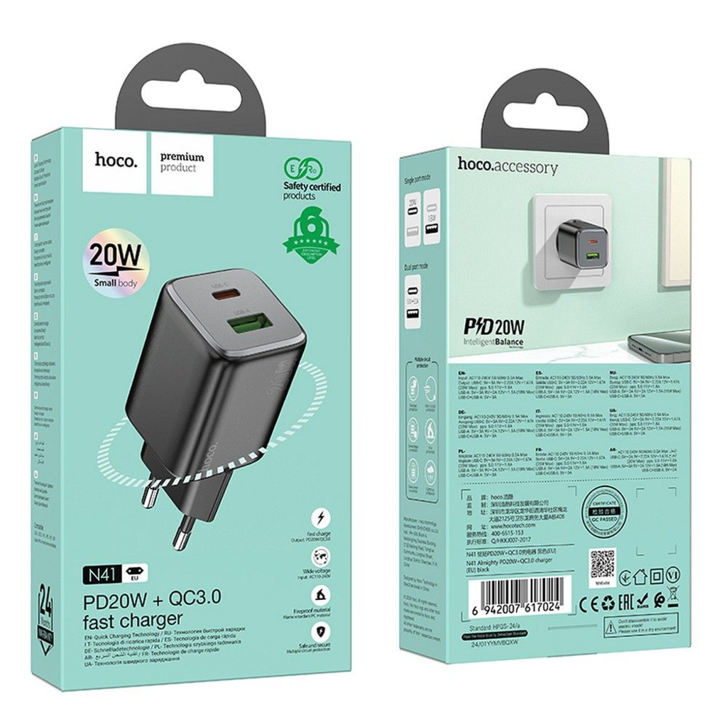 HOCO töltő USB A + Type C PD QC 3A 20W N41 fekete - 5