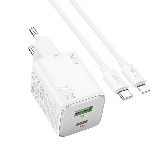 HOCO töltő USB A + Type C + kábel Type C - Lightning PD QC 3A 20W N41 fehér