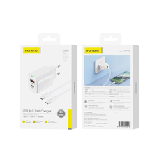 FONENG hálózati töltő EU66 PD 20W 1xUSB-C + 1xUSB QC3.0 + kábel USB-C - USB-C Fehér