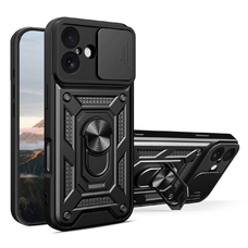 Hybrid Armor Camshield fliptok iPhone 17 páncélos tokkal, állvánnyal és kamera fedéllel - fekete tok