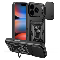 Hybrid Armor Camshield tok iPhone 17 Pro Max-hoz, páncélos tok állvánnyal és kameravédővel - fekete