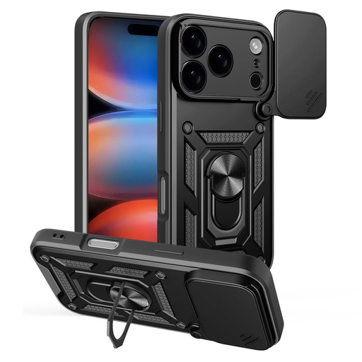 Hybrid Armor Camshield tok iPhone 17 Pro Max-hoz, páncélos tok állvánnyal és kameravédővel - fekete