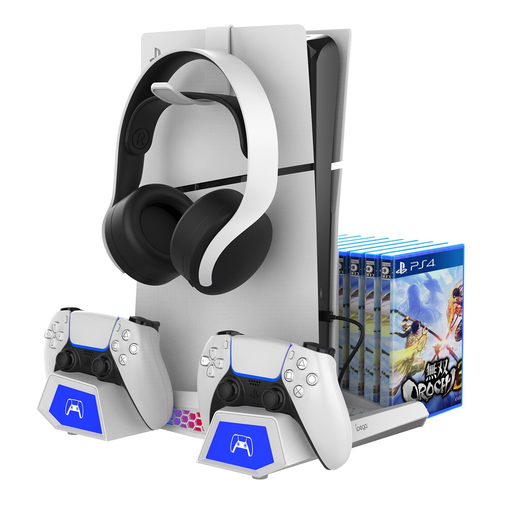 iPega P5S023 Multifunkciós töltőállvány hűtővel és RGB világítással PS5/PS5 Slim/PS5 Pro fehér (Sérült csomagolás)