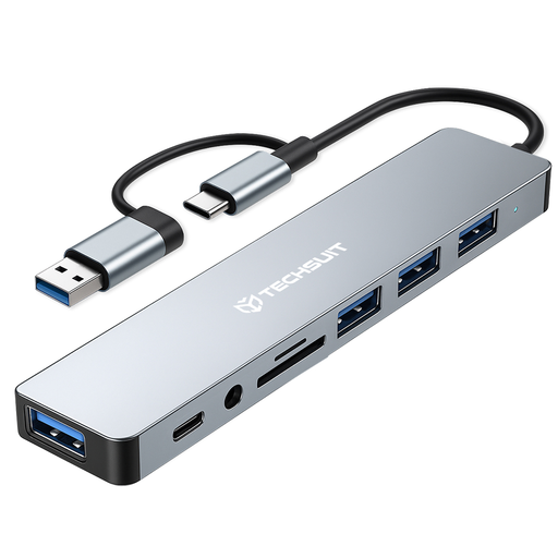 Techsuit - Docking Station DataBridge 8 az 1-ben (H9) - USB, Type-C átalakító 4x USB, Type-C, 3.5mm Jack, TF/SD kártya - Szürke.