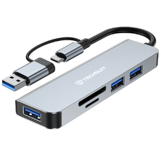 Techsuit - 5 az 1-ben adatátviteli dokkolóállomás (H7) - USB, Type-C-ről USB 3.0-ra, 2x USB 2.0, SD/TF kártya - Szürke.