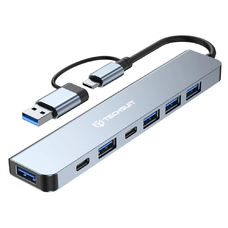 Techsuit - DataBridge 7 az 1-ben dokkoló állomás (H6) - USB, Type-C átalakító USB 3.0-ra, 4x USB 2.0, 2x Type-C - Szürke