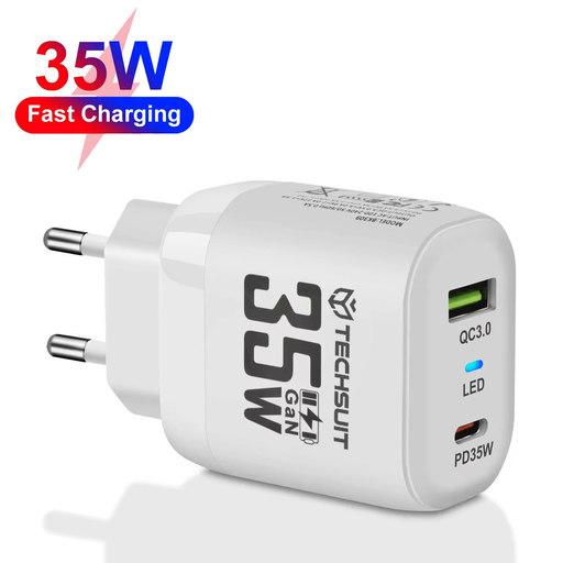 Techsuit - Prémium fali töltő (CHPD174) - GaN, USB QC3.0, Type-C PD35W - Fehér