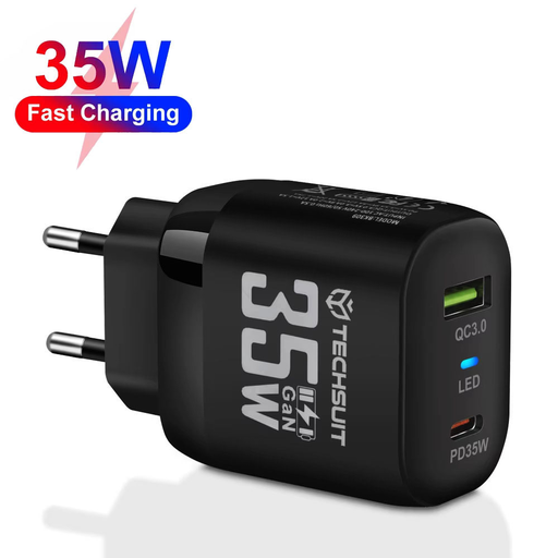 Techsuit - Prémium fali töltő (CHPD174) - GaN, USB QC3.0, Type-C PD35W - Fekete