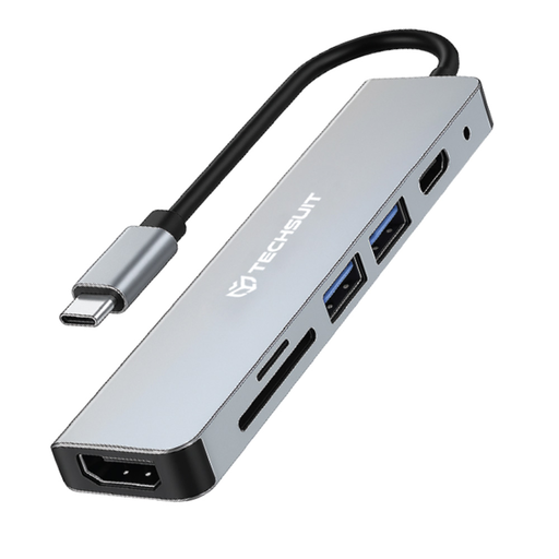 Techsuit - TurboChargeX 6 az 1-ben Dokkolóállomás (H5) - Type-C-hez 2x USB, Type-C, HDMI, TF/SD Kártya, PD87W, 4K@30Hz - Szürke.