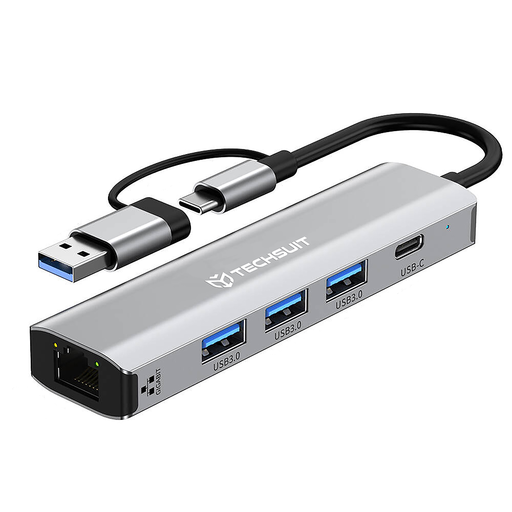Techsuit - BoostNetLink 5 az 1-ben dokkolóállomás (H3) - USB 3.0. USB-C 3x USB, Type-C, Ethernet RJ45, 100W - Szürke.