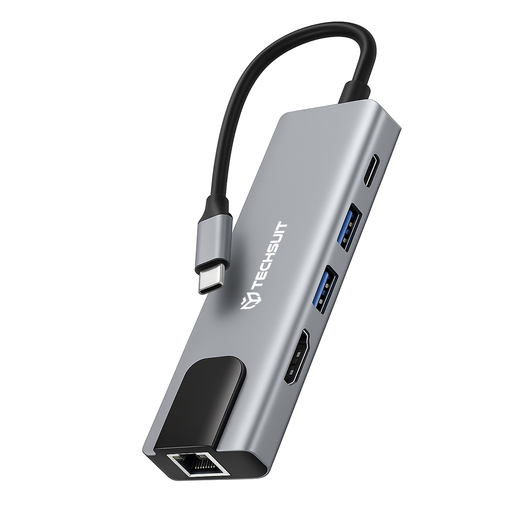 Techsuit - NetBridge 5 az 1-ben dokkolóállomás (H1) - Type-C csatlakozóval 2x USB, 1x Type-C, 1x HDMI, 1x RJ45 - Szürke