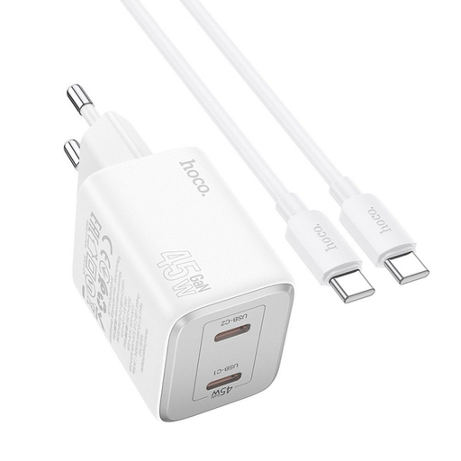 Fali töltő Hoco N42, 45W, 3A, 2 x USB-C, USB-C kábellel, Fehér