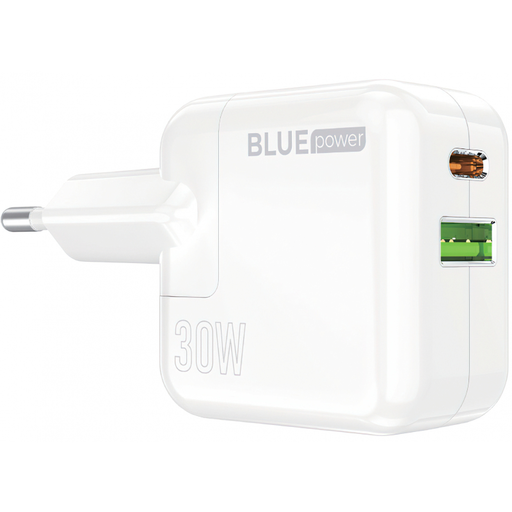 Fali Töltő Blue Power BC111A, 30W, 3A, 1 x USB-A - 1 x USB-C, Fehér