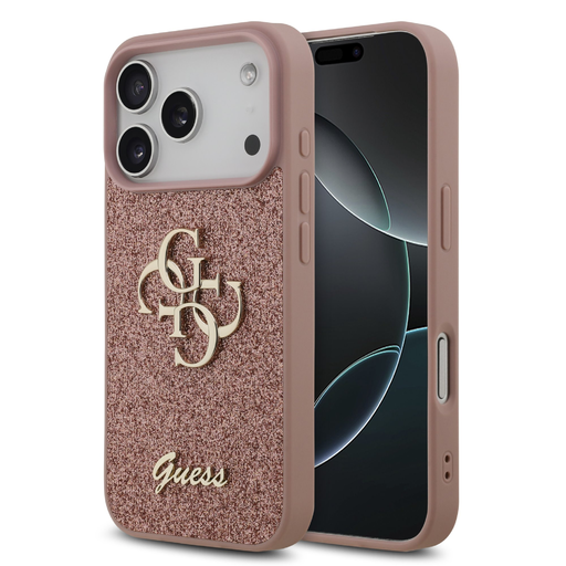  iPhone 17 Pro Pink Guess PU Glitter 4G Fém Logó tok