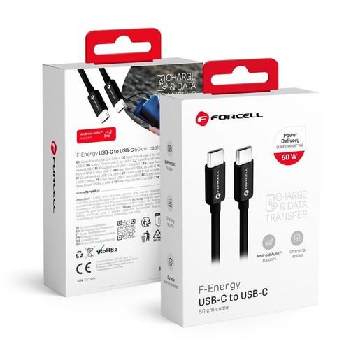 FORCELL F-ENERGY C338 kábel Type C to Type C PD QC4.0 3A 60W 0,5 m fekete