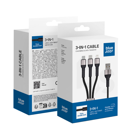 BLUE STAR fonott kábel 2,4A 3 az 1-ben USB A Lightning / Micro USB / Type C TFK-DC-010 1,2 m fekete