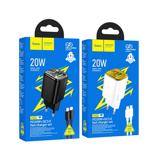 HOCO fali töltő USB A + Type C + Type C - Lightning kábel PD QC3.0 3A 20W N52 fekete