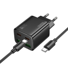 HOCO töltő 2 x Type C + 2 x USB A + kábel Type C to Type C PD QC3.0 3A 30W N56 fekete,