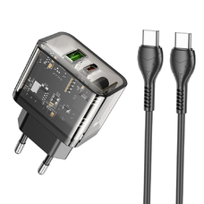 HOCO fali töltő USB A + Type C + kábel Type C to Type C PD QC3.0 3A 20W N34 átlátszó
