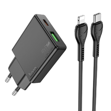 HOCO slim fali töltő USB A + USB-C csatlakozóval, valamint USB-C - Lightning kábellel PD QC3.0 3A 20W N38 fekete