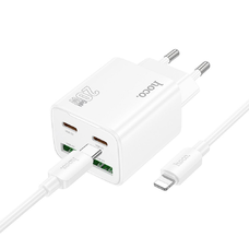 HOCO töltő 2 x Type C + 2 x USB A + kábel Type C - Lightning PD QC3.0 3A 20W N55 fehér