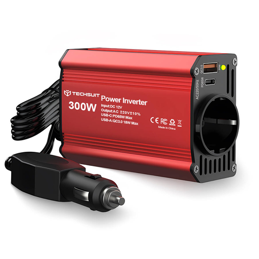 Techsuit - Autós feszültségátalakító FlexiCarVolt (IA1) - Type-C, USB-A, Csatlakozó aljzat, PD65W, 300W - Piros