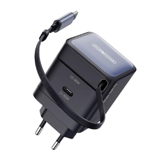 Duzzona - Fali töltő rejtett kábellel (T10) - 2x USB-C, GaN gyors töltés 65W - Fekete