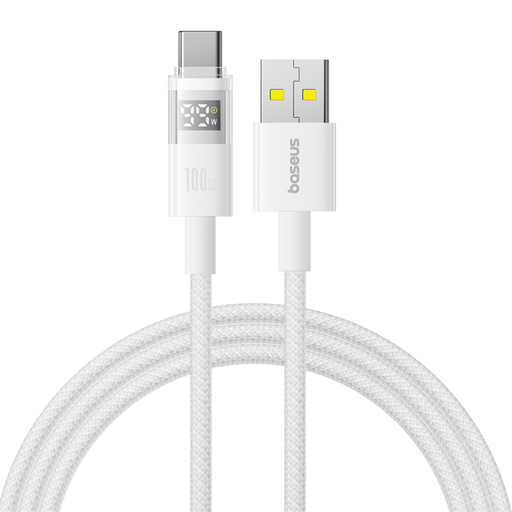 Baseus - Adatkijelzős Kábel 2 (P10382701211-00) - Gyors Töltés, USB-ről Type-C-re, Digitális Kijelző, 100W, 1m - Hold Fehér