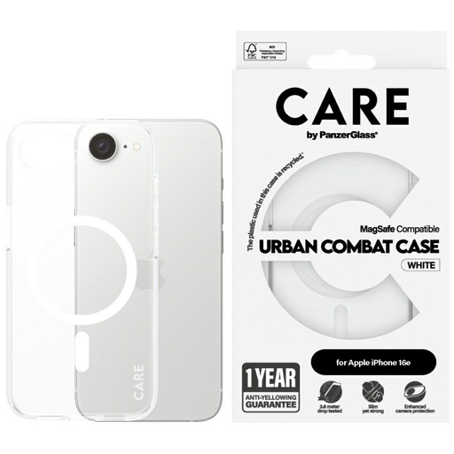 Case CARE by PanzerGlass Flagship Urban Combat Fehér MagSafe tok iPhone 16e számára, átlátszó Case CARE by PanzerGlass Flagship Urban Combat Fehér MagSafe tok iPhone 16e számára, átlátszó
