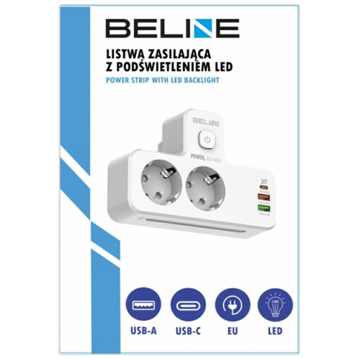Beline elosztó LED háttérvilágítással 2xUSB-A/USB-C/2xAC fehér