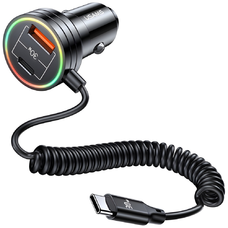USAMS autós töltő 2xUSB-C 1xUSB-A C33 60W rugós kábellel Gyors Töltés fekete CC167CC01 (US-CC167)