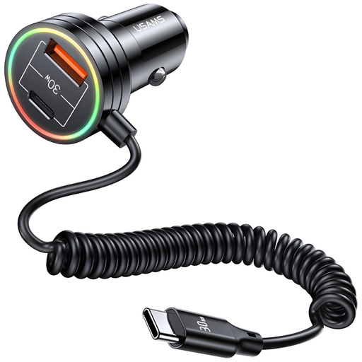 USAMS autós töltő 2xUSB-C 1xUSB-A C33 60W rugós kábellel Gyors Töltés fekete CC167CC01 (US-CC167)