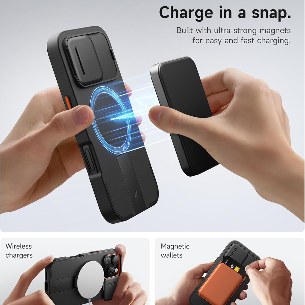 iPhone 16 Pro SURITCH Magsafe tok, kihajtható állvánnyal, fekete ütésálló - 3