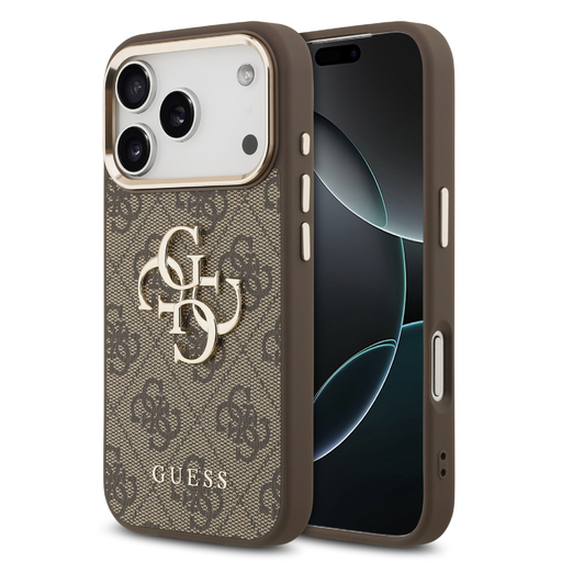  iPhone 17 Pro Max Barna Guess PU Leather 4G Fém Logó Arany Keret Tok