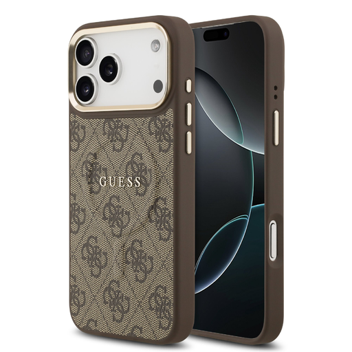 iPhone 17 Pro Max Barna Guess PU Bőr 4G Arany Keret MagSafe tok iPhone 17 Pro Max Barna Guess PU Bőr 4G Arany Keret MagSafe tok