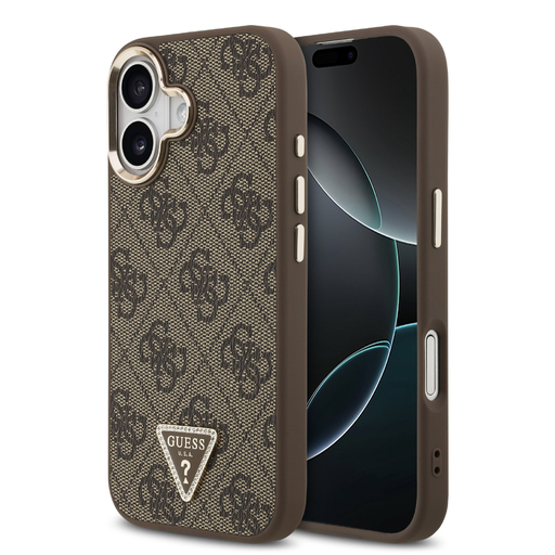iPhone 17 Barna Guess PU bőrből készült 4G háromszög logós, arany keretes MagSafe tok iPhone 17 Barna Guess PU bőrből készült 4G háromszög logós, arany keretes MagSafe tok
