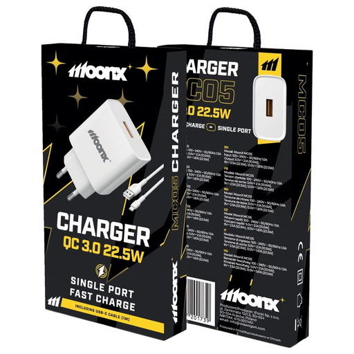 MOONX fali töltő MC05 22,5W 1xUSB QC3.0 + USB-C kábel Fehér