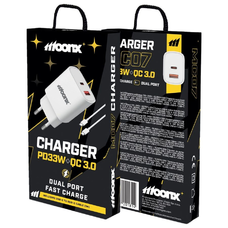 MOONX fali töltő MC07 PD 33W 1xUSB-C + 1xUSB QC3.0 + USB-C - USB-C kábel Fehér