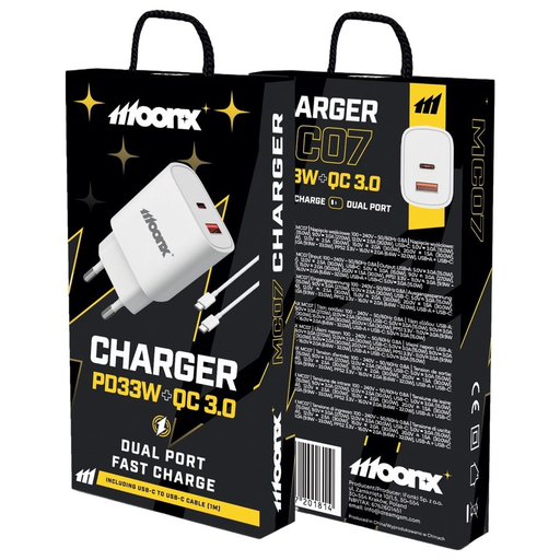 MOONX fali töltő MC07 PD 33W 1xUSB-C + 1xUSB QC3.0 + USB-C - USB-C kábel Fehér