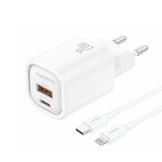 FONENG nástenná nabíjačka EU70 PD 20W 1xUSB-C + 1xUSB QC3.0 + kábel USB-C - Lightning Biela